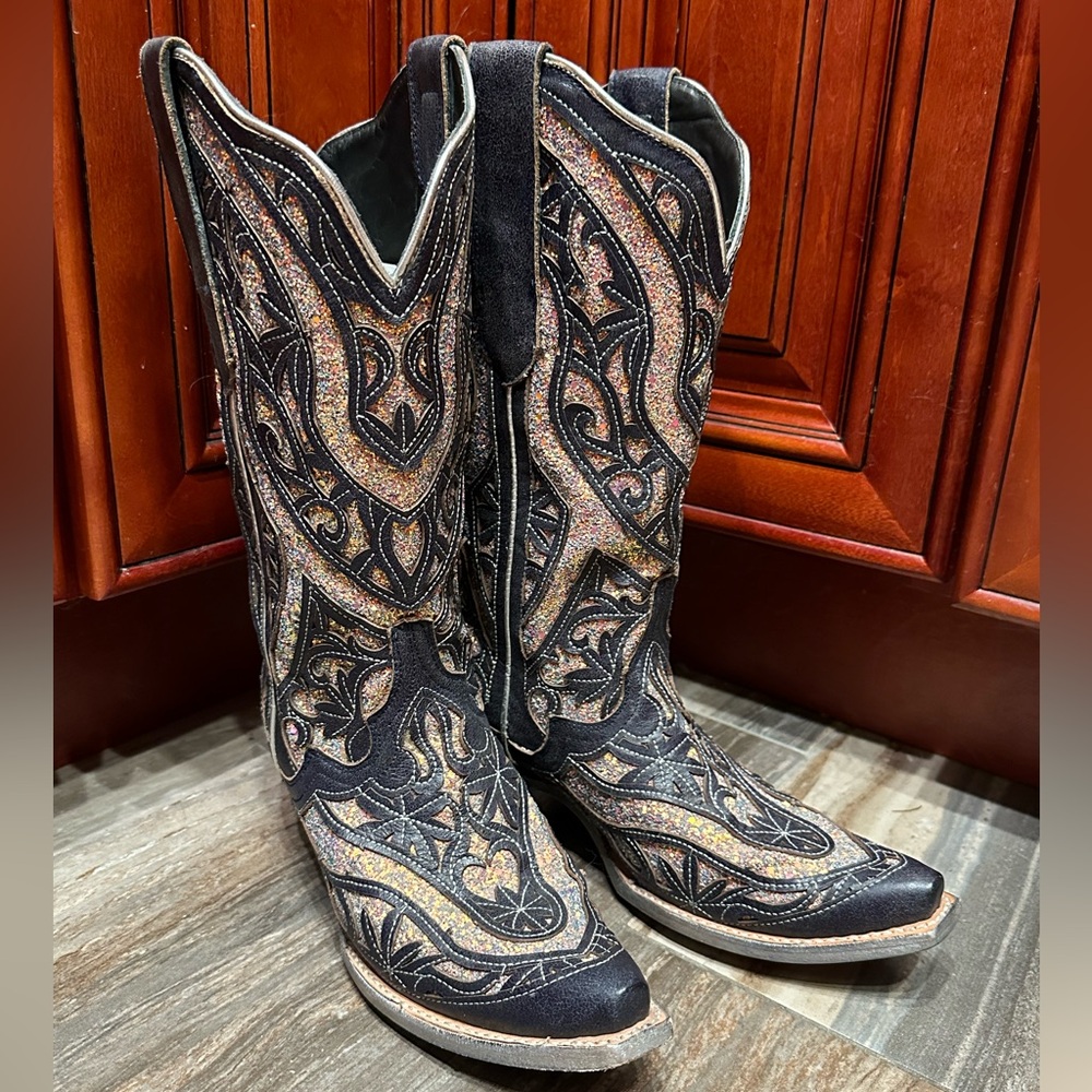 JB Dillon Black Glitter Inlay Sparkle Cowboy Boots Size 7.5 RARE Wedding Cowgirl - Picture 6 of 14